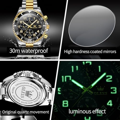 Image of OLEVS Watch Men Luxury Chronograph Stainless Steel Wrist Dress Waterproof Watch Quartz Analog Large Face Luminous