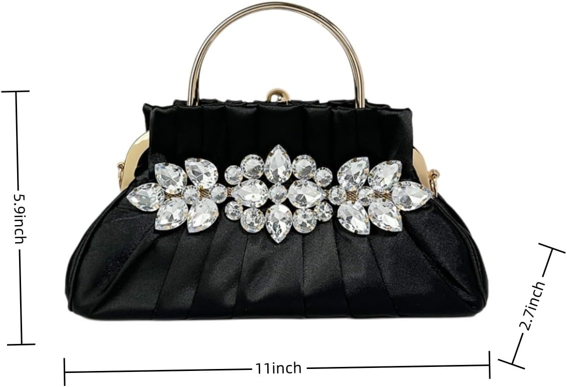 IAMUHI Women Retro Satin Evening Handbag Pleated Rhinestone Clutch Bag Party Wedding Crossbody Shoulder Purse with Chain