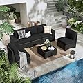 ELPOSUN 6 Piece Patio Furniture Set, Outdoor Furniture with Thick Cushions, Black Wicker Conversation Set Sectional Sofa for Backyard, Poolside, Garden and Lawn (Black, 6 pcs w/Table)