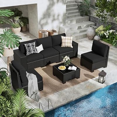 ELPOSUN 6 Piece Patio Furniture Set, Outdoor Furniture with Thick Cushions, Black Wicker Conversation Set Sectional Sofa for Backyard, Poolside, Garden and Lawn (Black, 6 pcs w/Table)