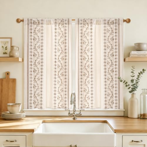 Image of Yinhua Boho Kitchen Curtains 36 Inch Length Brown Embroidered Floral Cafe Curtains, Farmhouse Light Filtering Kitchen Window Curtain Rod Pocket Short Tier Curtains for Windows, 26 inch W x 36 inch L, 2 Panels