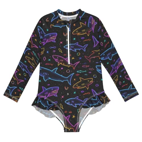 ALAZA Shark Neon Black Girls One Piece Swimsuit Long Sleeve Rash Guard Swimsuits UV 50+ Swimwear Zipper
