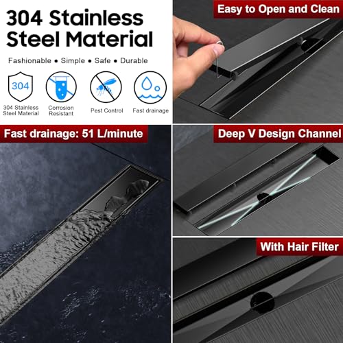 Image of DLONE Linear Shower Drain - 72 Inch Matte Black, with Tile Insert Panel