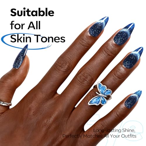 Image of modelones Cat Eye Gel Nail Polish,Blue Glass Nail Polish Sparkle Reflective Glitter Polish Spring Deep Navy Blue Translucent U V Magnet Soak Off LED Nail Art Gel Top Coat DIY Salon 15 ML