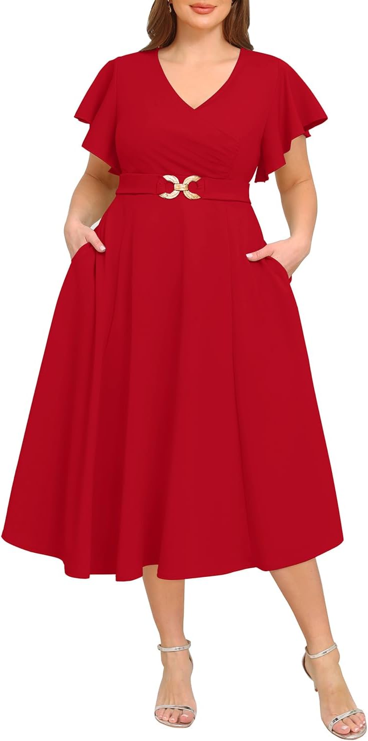 Pinup Fashion Women Plus Size Dresses for Wedding Guest - Cocktail Semi Formal A-Line Midi Dress with Pockets