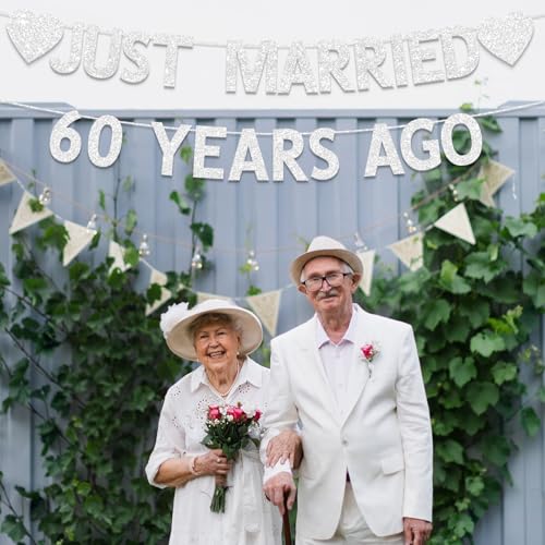 Image of 60th Wedding Anniversary Party Banner Decorations, Silver Glitter Just Married 60 Years Ago Banner, We Still Do 60th, 60 Years Blessed & Loved Decorations Supplies