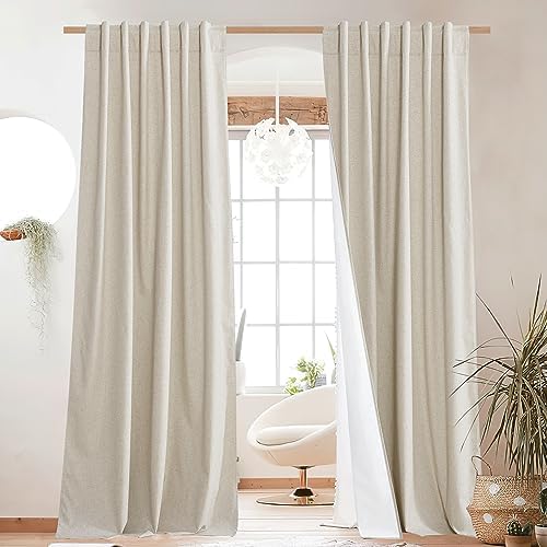 NICETOWN Natural 100% Blackout Linen Curtains 84 inch Long Burg, Farmhouse Thick Completely Blackout Window Treatment Panels Thermal Insulated Drapes for Living Room (1 Pair, 52″ Width Each Panel)