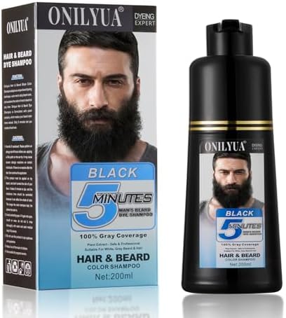 Men’s Beard Dye for Men Black in 5 Minutes & Long-Lasting Black Hair Dye for Gray Hair Coverage, Root Touch Up, Natural Beard Coloring Dye Shampoo 3-in-1, Simpler Hair Color for Men Beard & Mustache