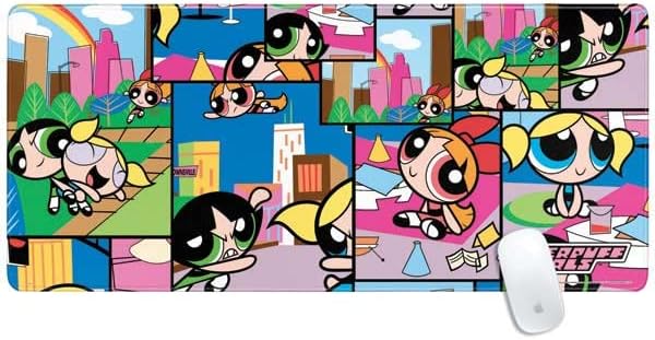 Skinit Extra Large Gaming Mouse Pad - Officially Licensed Powerpuff Girls Patches Design with Stitched Edges, Waterproof, Non-Slip Rubber Base, Desk Mat for Keyboard & Mouse, 35.75" x 15.4" inches