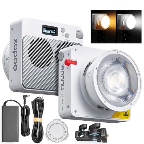 Godox ML100Bi 120W LEDビデオライト、2800K-6500Kバイカラービデオライティングキット、34300ルクス CRI 97+/TLCI98+、APPコントロール、USB-C充電対応、11FXエフェクト、映画制作/ライブ/屋外撮影用