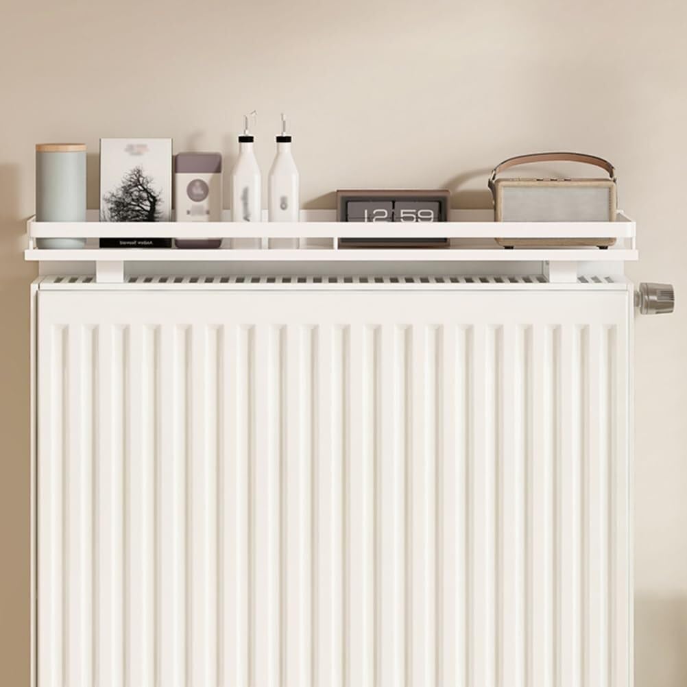 Estante de aluminio blanco para radiador, sin taladro, 160 cm, con barandillas laterales ampliadas, a prueba de polvo, antihumo, solución de almacenamiento segura para radiadores viejos, 15 cm de