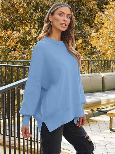 Image of LILLUSORY Women's Oversized Batwing Sweaters 2026 Fall Outfits Trendy Crewneck Knit Side Slit Fashion Pullover Tops