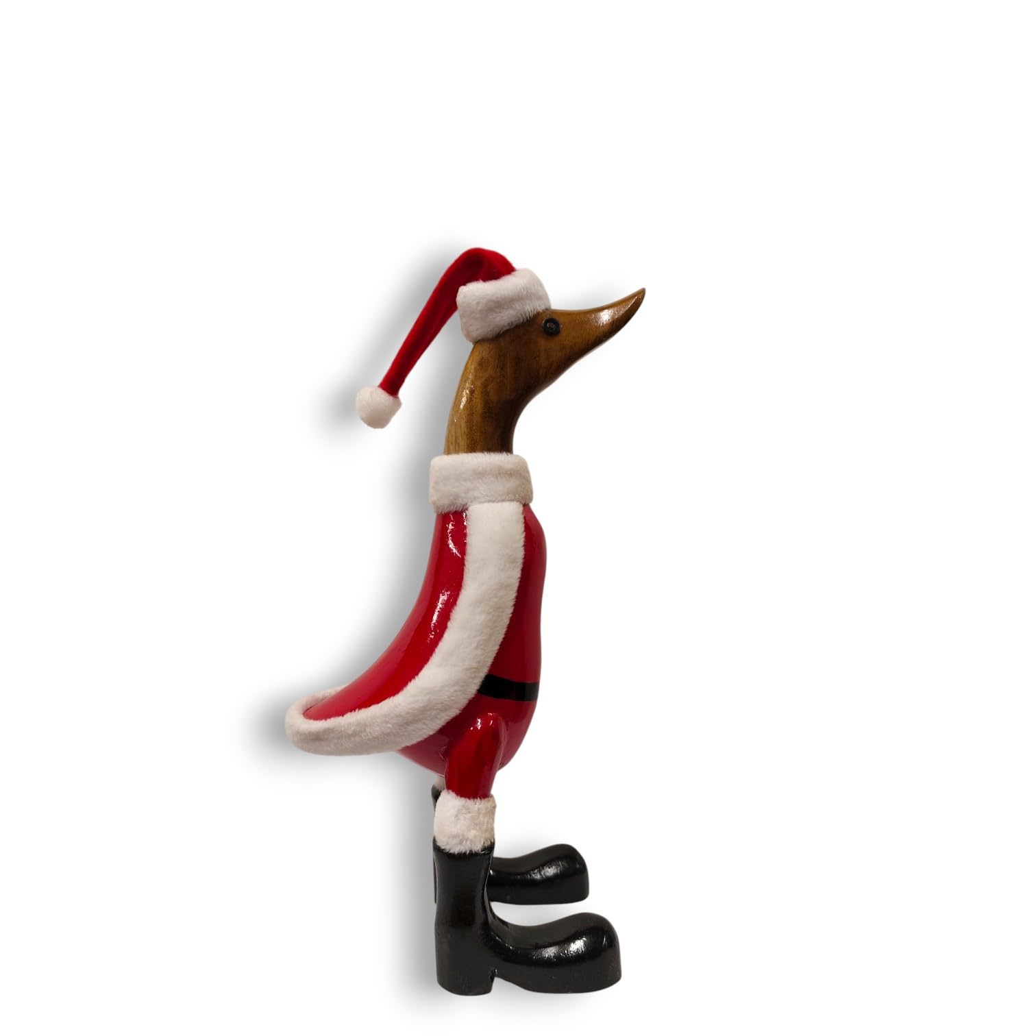 Kinaree Handgefertigte Weihnachtsente aus Bambus & Suar Holz – Dekofigur im Santa Look – Weihnachtsdekoration aus Holz – originelle Geschenkidee – Unikat (Klein)