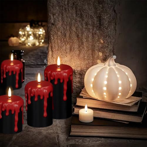 Image of Wondise Halloween Flameless Candles with 6H Timer, Battery Operated Dripping Real Wax Black LED Pillar Candles 3D Wick Flickering Spooky Halloween Indoor Decoration (3 Pack, 3 x 4,5,6 Inches)