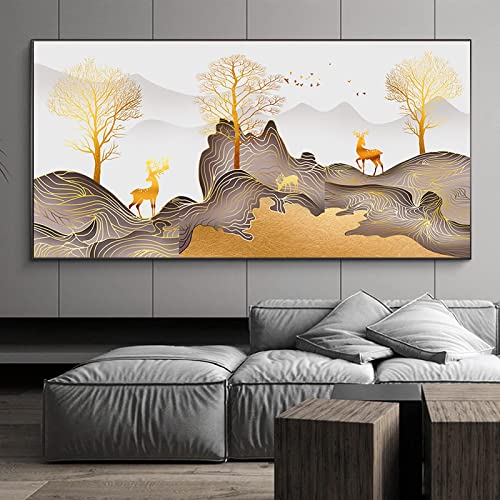 Art nordique doré arbre cerf peinture toile pour illuminer un salon sombre 60x120