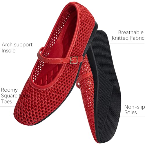 Image of Buyrew Women's Mary Jane Flats Breathable Mesh Square Toe Ballet Flats with Arch Support Washable Non Slip Casual Dress Shoes for Work Office