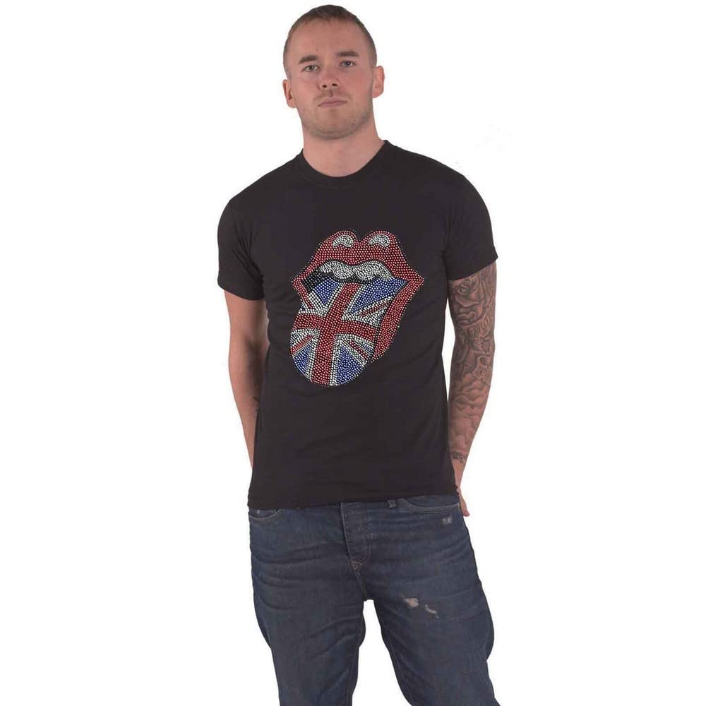 Rolling Stones The T Shirt Union Jack Diamante Tongue Official Unisex Black L