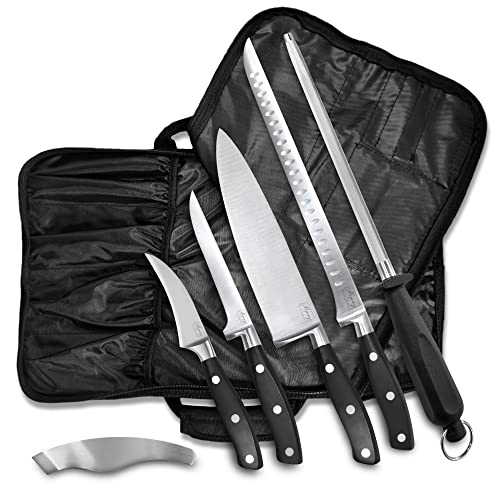 El Mejor Listado de Cuchillos jamoneros los preferidos por los clientes. 37 Kitchen Knife Set with Case for Serrano Ham, Meat, Fish, Cheese & Fruits - Stainless Steel Carving, Slicer, Boning & Multiuse Kitchen Knives – Chef Professional Kit with Carrying...