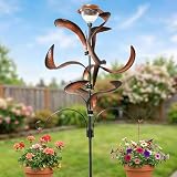 81" Metal Wind Spinner with Solar LED Light & Hanging Hooks - Rustic Copper Finish Kinetic Yard Art for Garden, Patio, Lawn - Outdoor Decor Stake