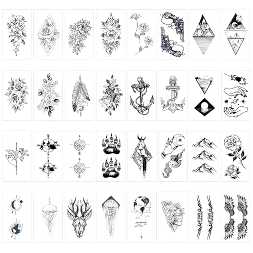 Kryzulax 32 Hojas Tatuajes Temporales,Negro Tatuajes Falsos, Tatuajes Temporales Adultos Impermeables, Tattoo Temporal para Niños Adultos Hombres y Mujeres