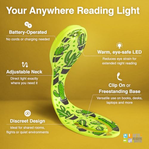 Image of Gifts for Readers & Writers Book Light, Clip On Reading Light for Bed, 2in1 Flexilight & Bookmark, Small & Lightweight with a Soft Glow, 2 Batteries Included, Cactus