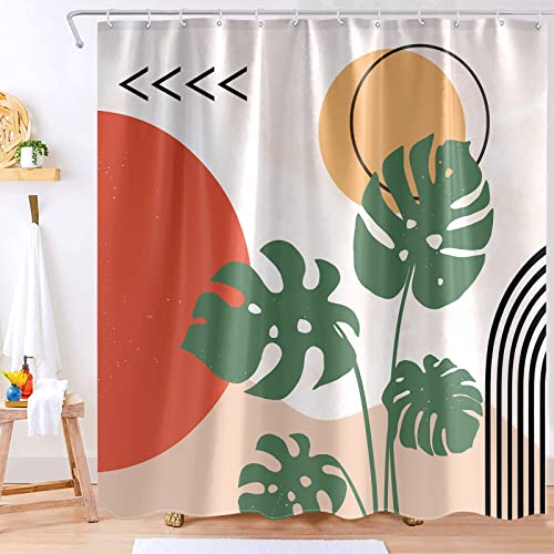 Lifeel Boho-Duschvorhang, Mitte des Jahrhunderts, abstraktes geometrisches Vorhang-Set, neutrale Sonnenkunst, Badezimmer-Dekorationsvorhänge, beige-weißer Hintergrund 183 x 183 cm