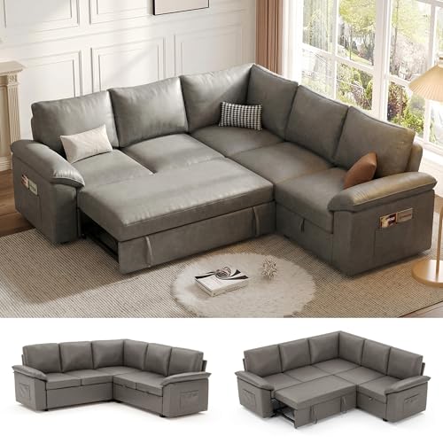 Image of 85 Inch Faux Leather Modular Sectional Sofa with Pull Out Bed, L Shaped 5 Seat Sectional Sleeper Sofa with Storage, Sectional Couches for Living Room, Cloud Modular Couch,Gray Leather
