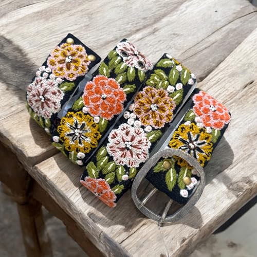 Peruvian Embroidered Belt for Women, Wool, Handmade, Fair Trade - Vintage Blossom Black Base2