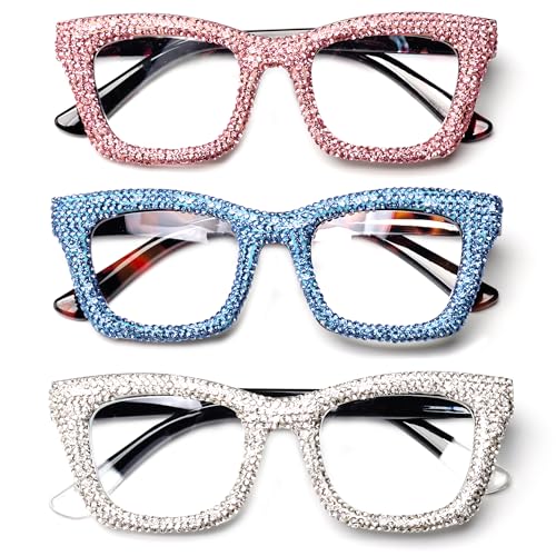 Image of 3 pack style Spring hinge Readers Blue Light Blocking Computer Square Reading Glasses for Women Men (Bdiamond, 2.0)
