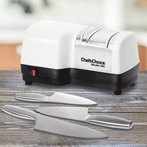 Chef'sChoice 220 Hybrid Diamond Hone Knife Sharpener Uses Diamond Abrasives and Combines Electric and Manual Sharpening to Sharpen Straight and Serrated Knives, 2-Stage, White