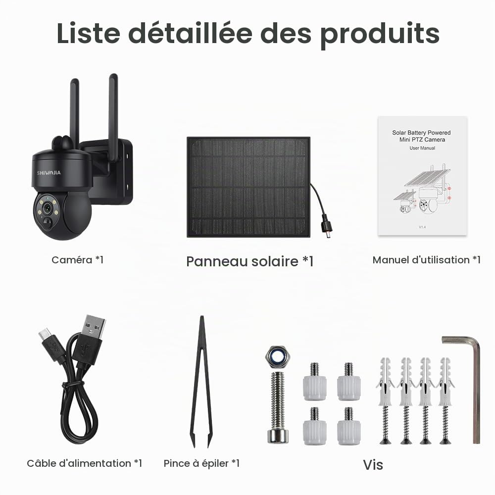 SHIWOJIA Camera Solaire Exterieur WiFi sans Fil, Tuya Exterieur, 2K Smart Life, 360° PTZ, Vision Nocturne Couleur, Audio Bidirectionnel, PIR Sirène (Noir)