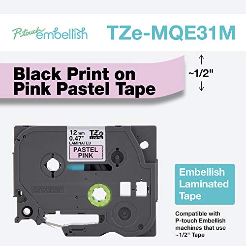 Image of Brother P-Touch Embellish Black Print on Pastel Pink Tape TZEMQE31M - ~ inch Wide x 13.1' Long for use with P-Touch Embellish Ribbon & Tape Printer