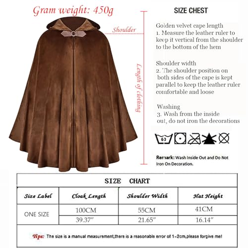 keland Renaissance Umhang mit Kapuze Samt Kapuzenumhang Halloween Mittelalter Hobbit Kapuzenmantel (Braun)