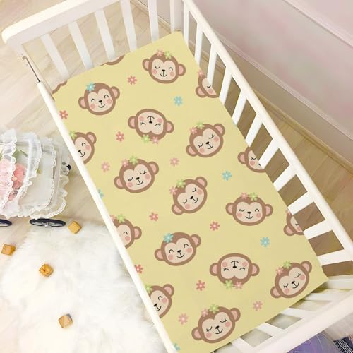 Image of Monkey Flowers Yellow Fitted Crib Sheet for Boys Girls Baby Mattress Sheets for Toddler Bed Mattress,39 x 27 in