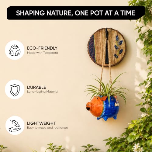 Image of AAKRITI ART CREATIONS Wall Hanging Planter with Hook | Blue Pig Design on Round Hook, Modern Art, Matte Finish | Metal, Terracotta & Wood | Decorative Hanging Pot for Indoor & Outdoor Home Decor