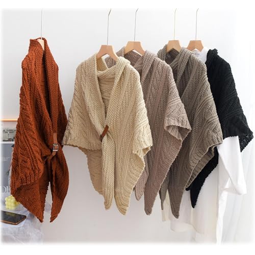 QUROXO Knitted Triangle Shawl with Leather Buckle, Fall Winter Knitted Shawl for Women, Triangle Cozy Ponchos with brooch2