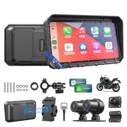Image of Wonvon 6.25 inch Motorcycle CarPlay Display Wireless Apple CarPlay | Android Auto GPS Navigation, 2K Dual Dash Cam, IP69 Waterproof, Anti-Glare Screen, Quick Release Mount