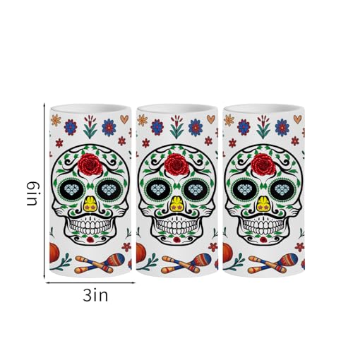 Image of Dia De Los Muertos Flameless Candles with Timer Remote 3 Pack Halloween Flameless LED Candle Battery Operated Sugar Skull Day of The Dead Decoration