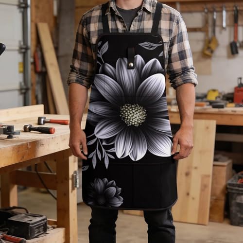 Delantal de trabajo negro con flores para hombres miniatura 5