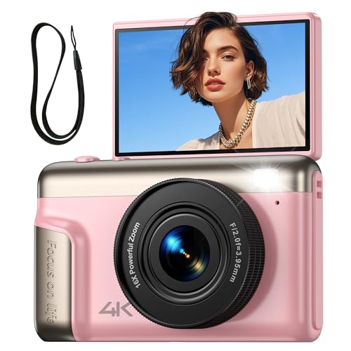 Appareil Photo Numérique 4K Digital: 64MP Appareil Photo Compact pour Vidéo avec Écran 3' Abattable 180° Digital Camera Zoom 16X pour Enfants Débutants Adultes Étudiants Rose(Carte SD Non Fournie)