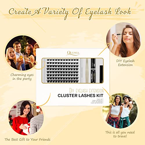 QUEWEL 144 Pcs DIY Wimpern-Extensions, Lash-Extension mit langanhaltenden Cluster-Lashes Bond und Seal, natürliche Lash-Cluster für Anfänger zu Hause (QU-RR-DH-01)