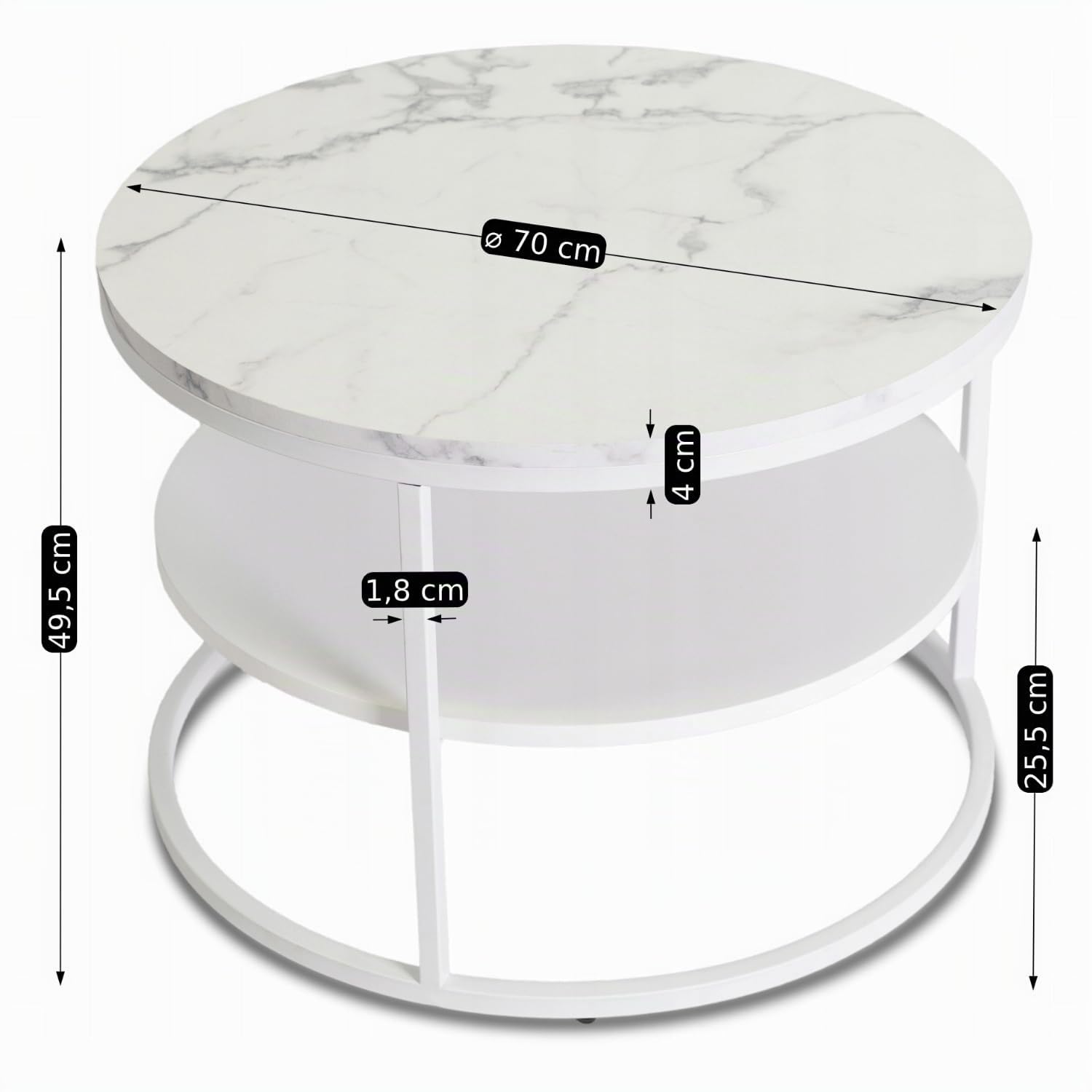 Couchtisch Rund 70 x 49,5 cm – Modern Wohnzimmertisch Marmoroptik/Weiß mit Stauraum – Sofatisch Rund für Wohnzimmer und Büro – Runder Tisch mit pflegeleichter Oberfläche