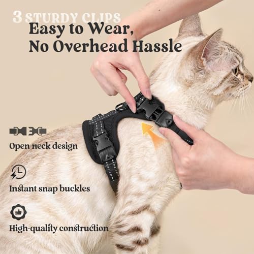 rabbitgoo Cat Harness and Leash, Easy-on with Neck Buckle, Black | Escape Proof, No Over-the-head, Soft Air Mesh, 3 Lockable Adjusters & Buckles, Reflective, for Small to Average Cats Walks, S - Image 5