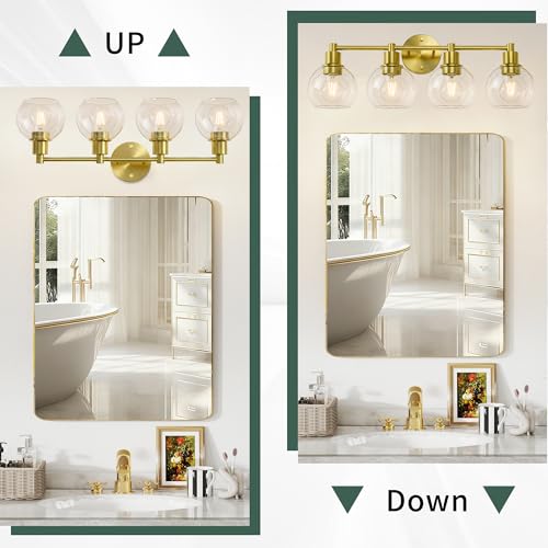 Image of 4 Light Bathroom Light Fixtures, Brushed Brass Bathroom Vanity Lights, Modern Vanity Lights 4-Light Globe Bathroom Vanity Lighting Fixture Over Mirror