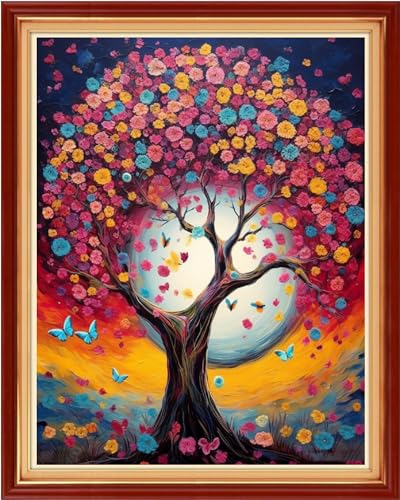 Image of Dooxvey Cross Stitch Kit for Adults Beginners - Stamped Needlepoint Embroidery Kit, 11CT Pattern Colorful Moon Tree, 16x20 Inch