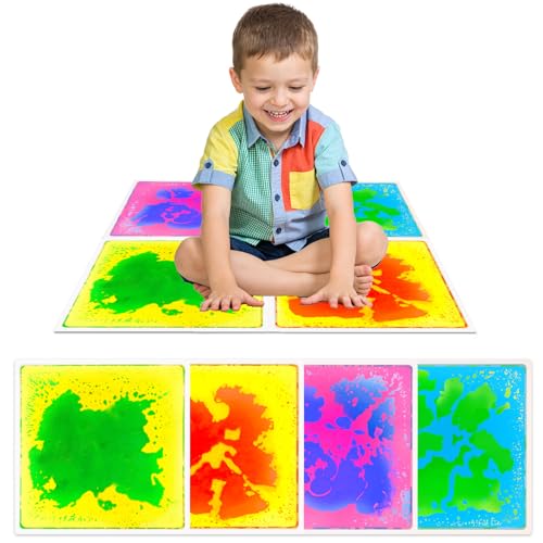 Liquid Sensory Floor Tiles for Kids: 12x12 Inch Active Play Mats for Kids Non-Toxic Leakproof - Non-Slip Color-Changing Pads Stress Relief & Motor Skills Toys for Autism Room