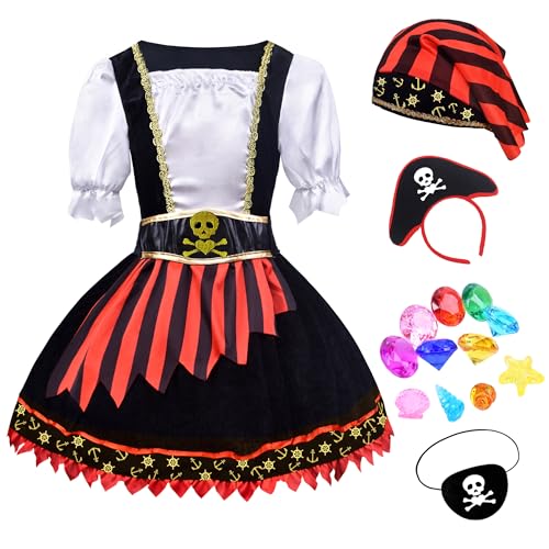 ZZIHAN Toddler Girls Pirate Costume – Princess Dress with Hat, Belt, Eye Patch & Pirate Gems Toys,...