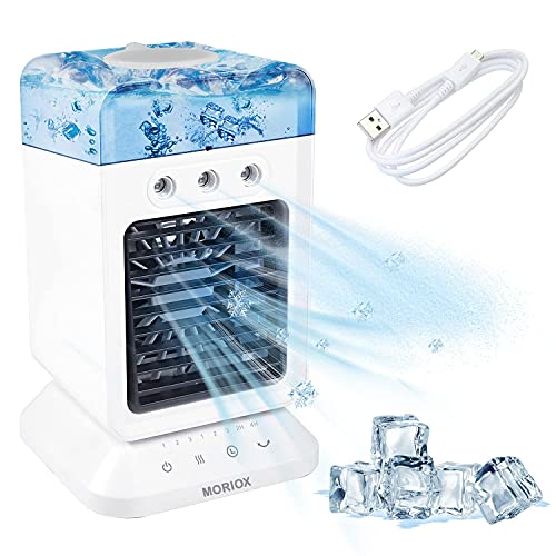 MORIOX Portable Air Conditioner Small Evaporative Cooler Personal Fan with Rechargeable Battery Desktop Portable AC Mini Humidifier Cooling Appliance for Home Room Kitchen Office