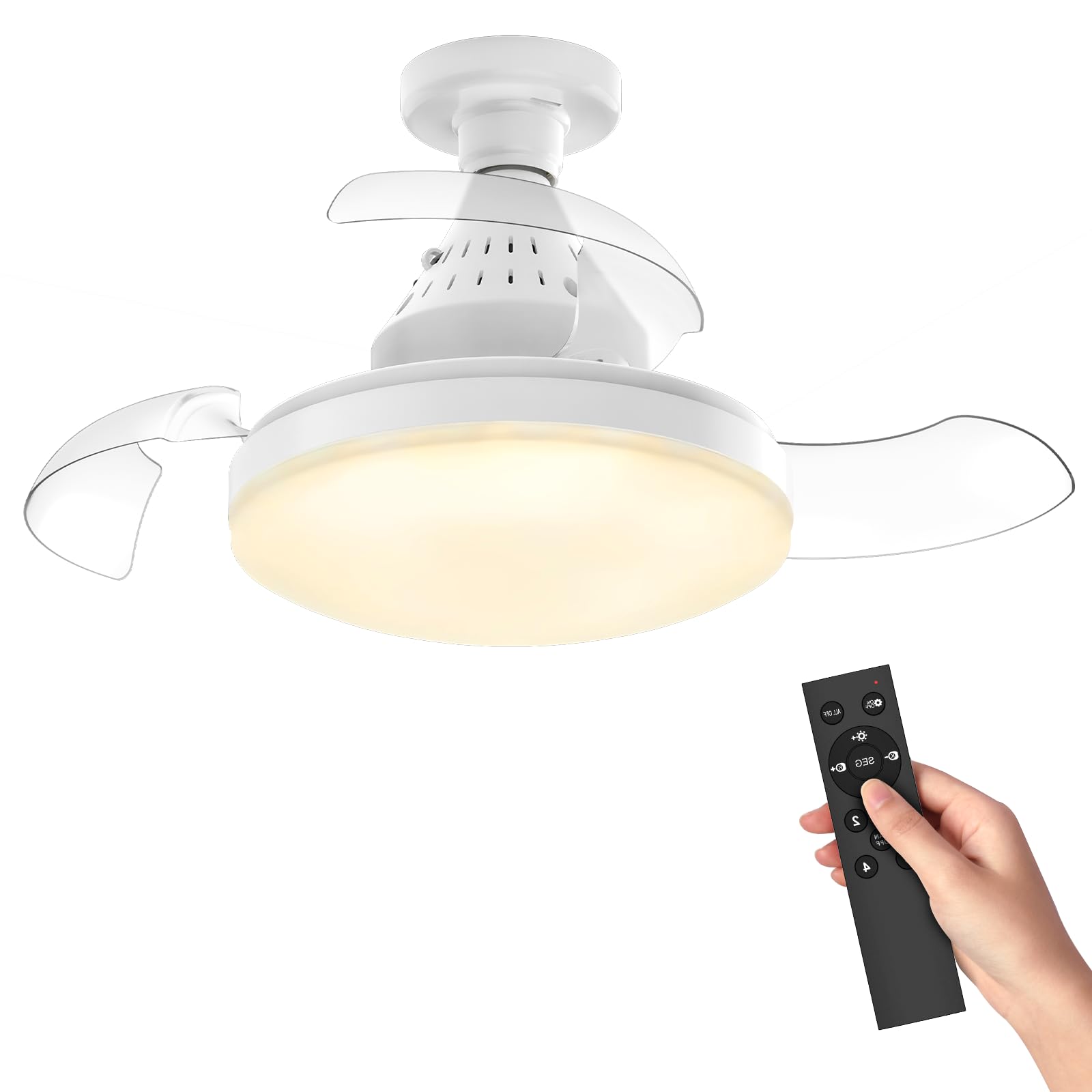 40cm Ventilador de Techo con Luz LED Regulable 30W Enchufe E27, Aspas Invisibles con Control Remoto, 4 Velocidades Ajustables 3 Temperaturas de Color 2400lm, para Dormitorio Salón Cocina Pasillo (A)