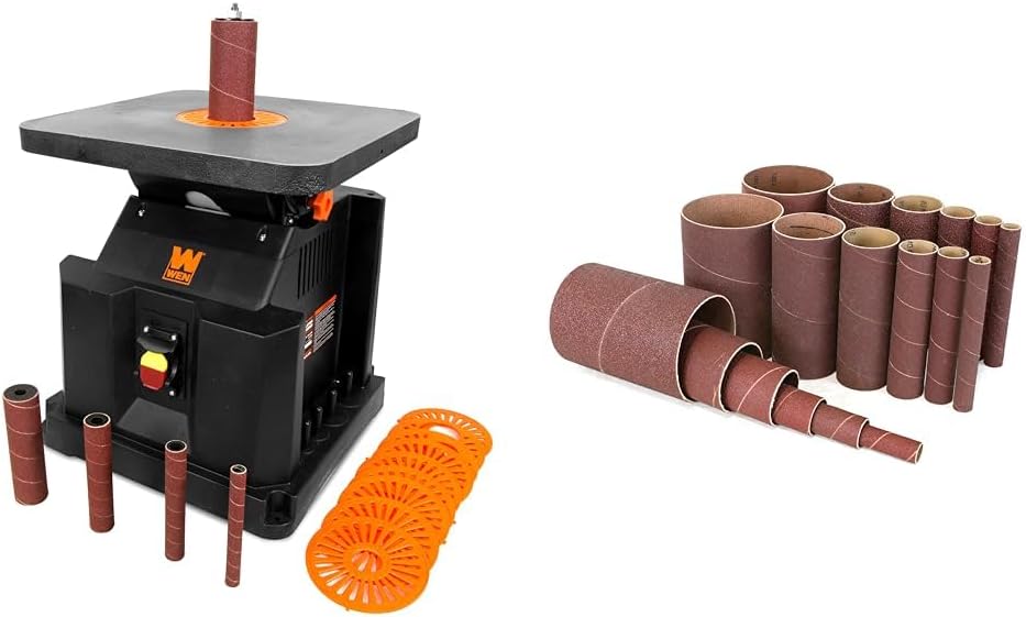 WEN AT6535 3.5-Amp Oscillating Spindle Sander with Extra Large Beveling Table Top & 6510SPC Assorted Grits Spindle Sanding Sleeves (18 Pack)